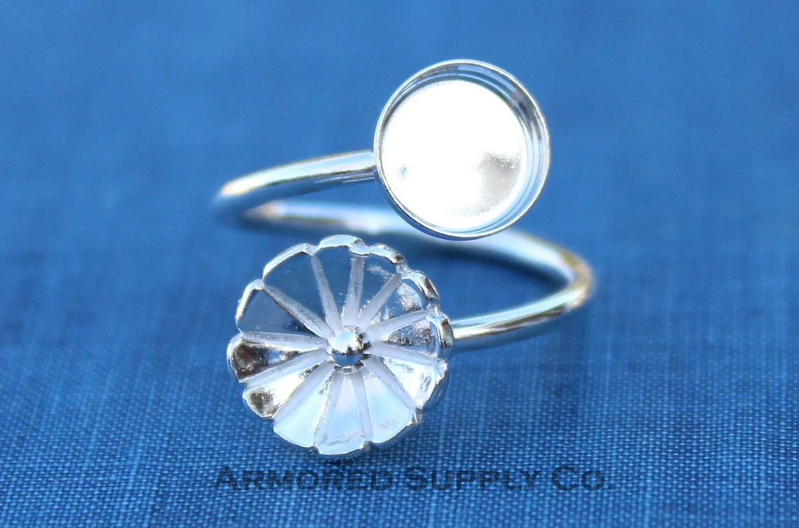 3mm Bezel Silver Flower Wrap Bypass Adjustable Ring blank