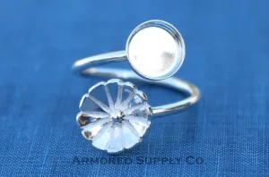 3mm Bezel Silver Flower Wrap Bypass Adjustable Ring blank