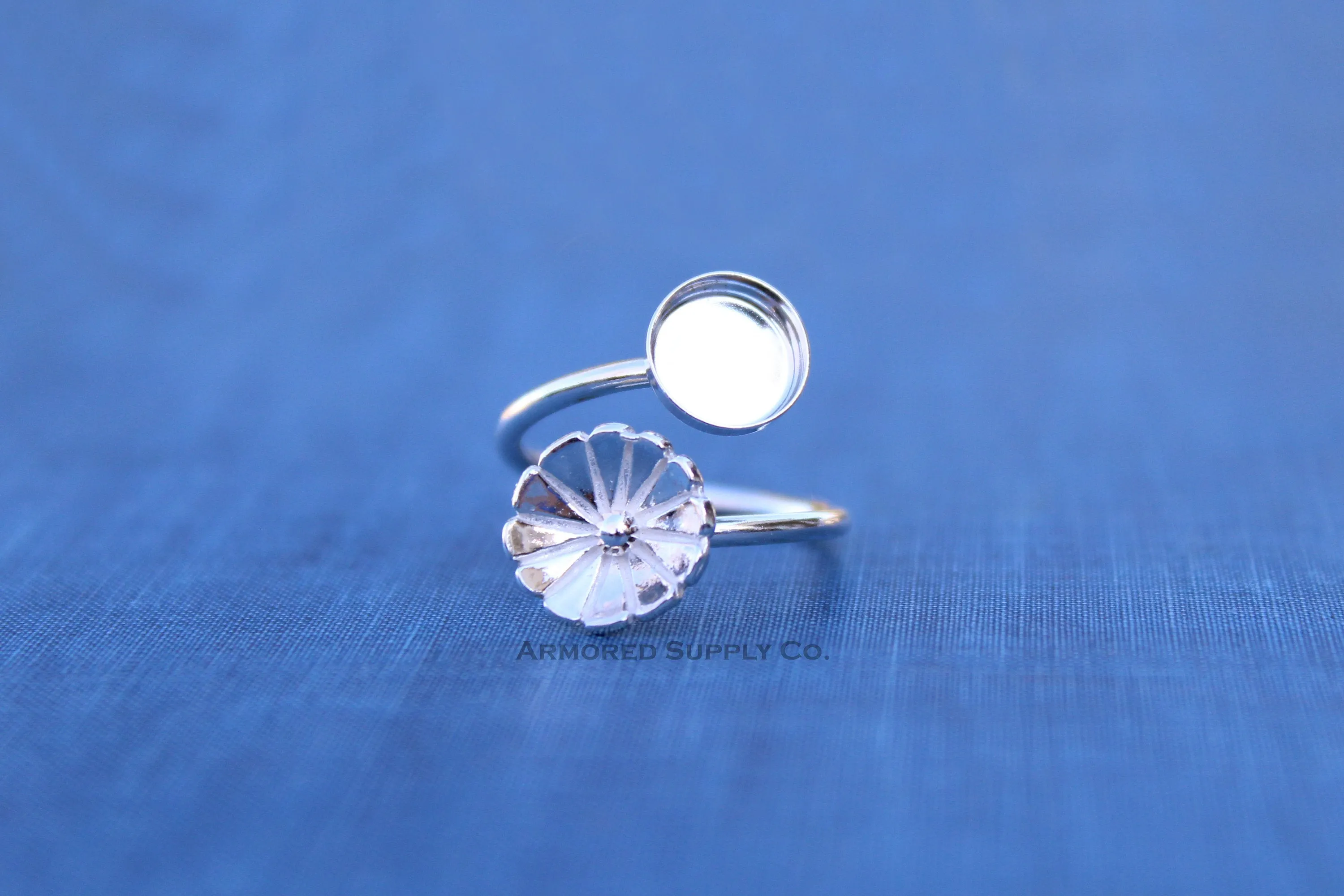 3mm Bezel Silver Flower Wrap Bypass Adjustable Ring blank
