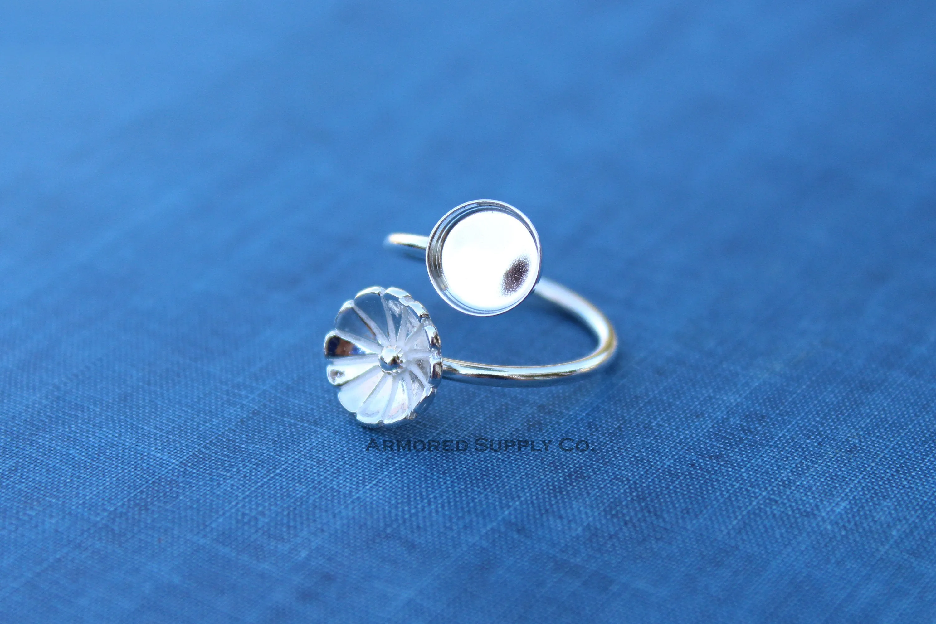 3mm Bezel Silver Flower Wrap Bypass Adjustable Ring blank