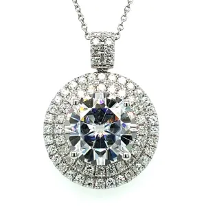 5.67 CTW DEW Round Moissanite Double Halo Statement Pendant in 14K White Gold