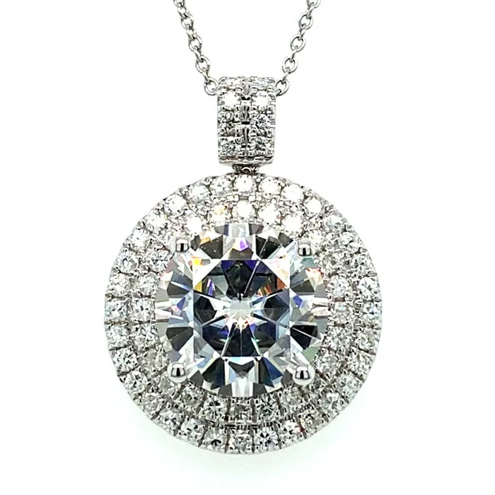 5.67 CTW DEW Round Moissanite Double Halo Statement Pendant in 14K White Gold