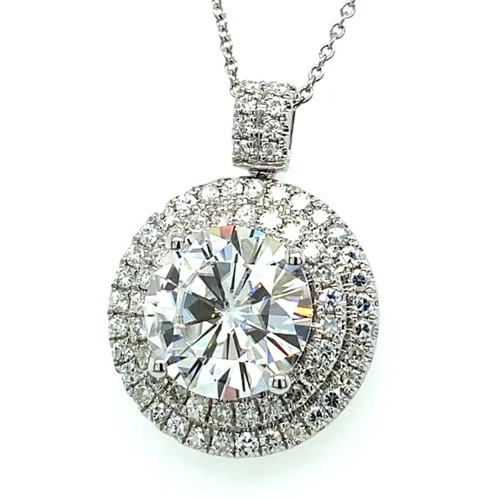 5.67 CTW DEW Round Moissanite Double Halo Statement Pendant in 14K White Gold
