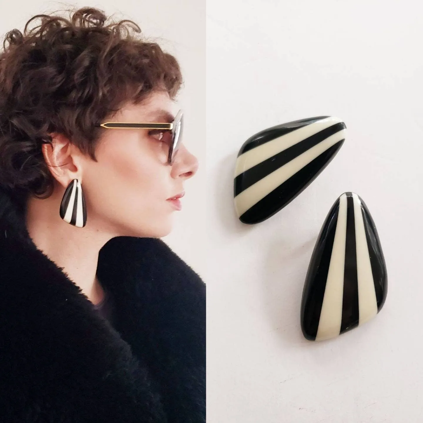 60s Black and White Striped Earrings / 60s Geometric Triangle Shaped Mod Op-Art Earrings Stripes / Gemma