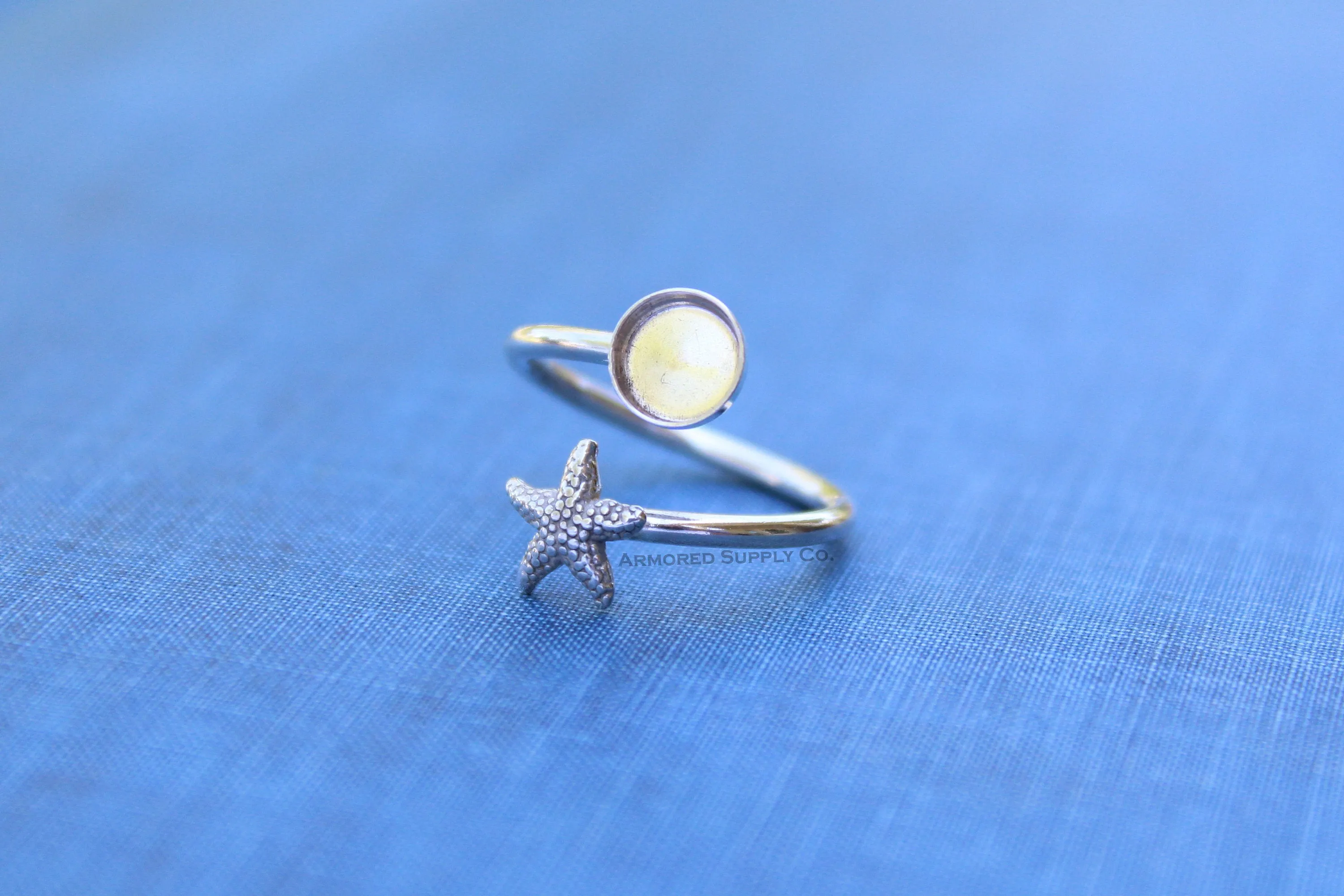 8mm Bezel Silver Starfish Wrap Bypass Adjustable Ring blank