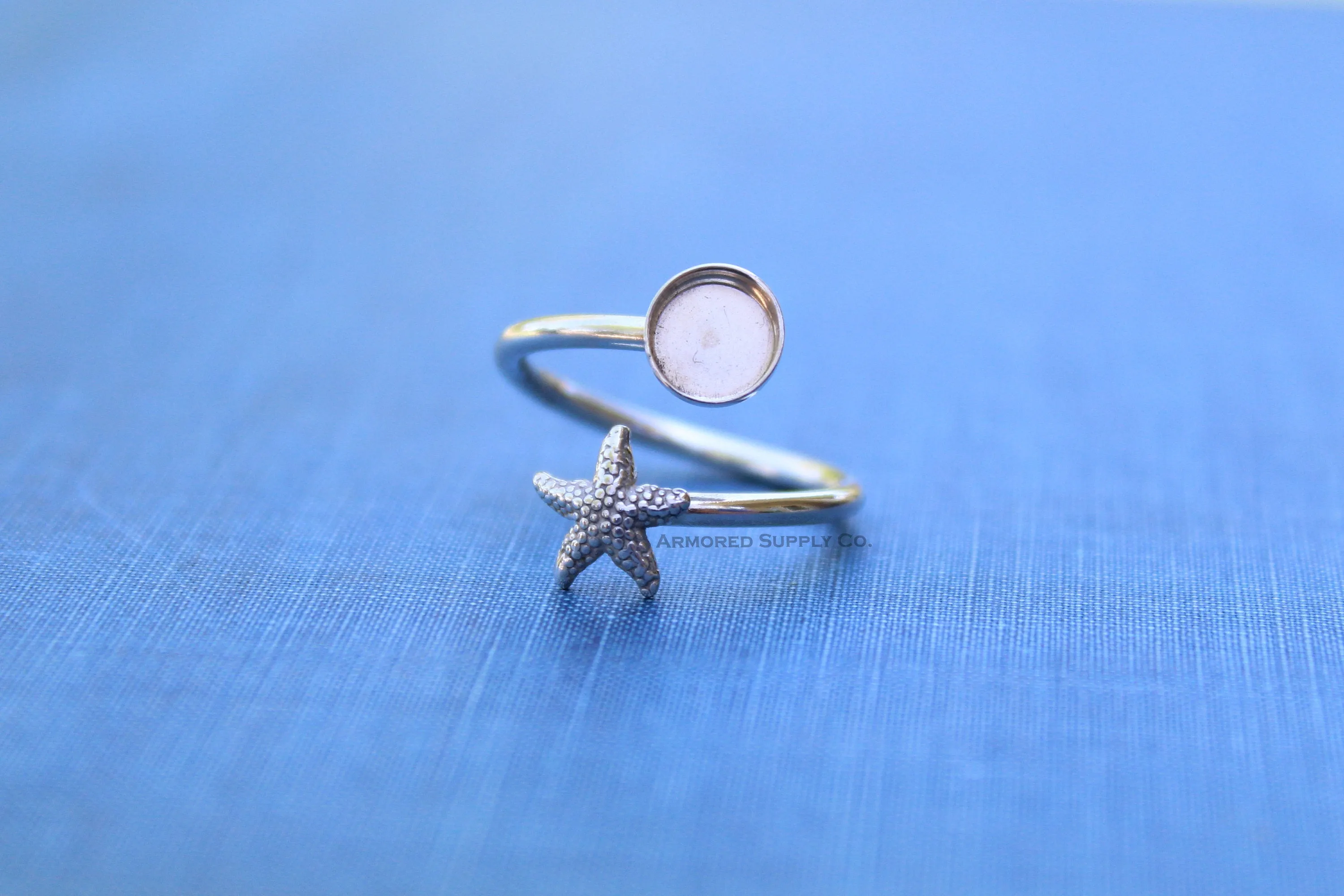 8mm Bezel Silver Starfish Wrap Bypass Adjustable Ring blank