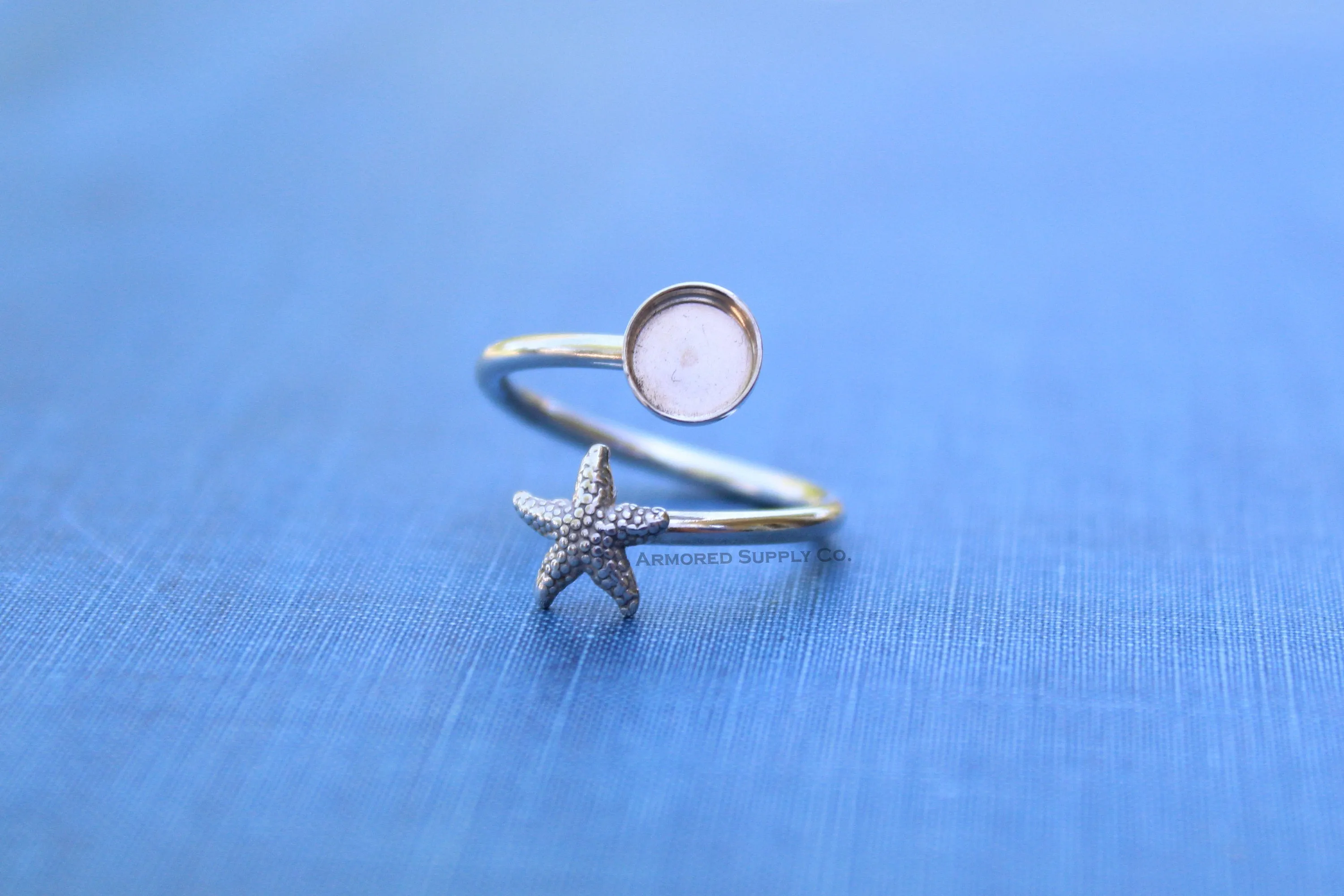 8mm Bezel Silver Starfish Wrap Bypass Adjustable Ring blank