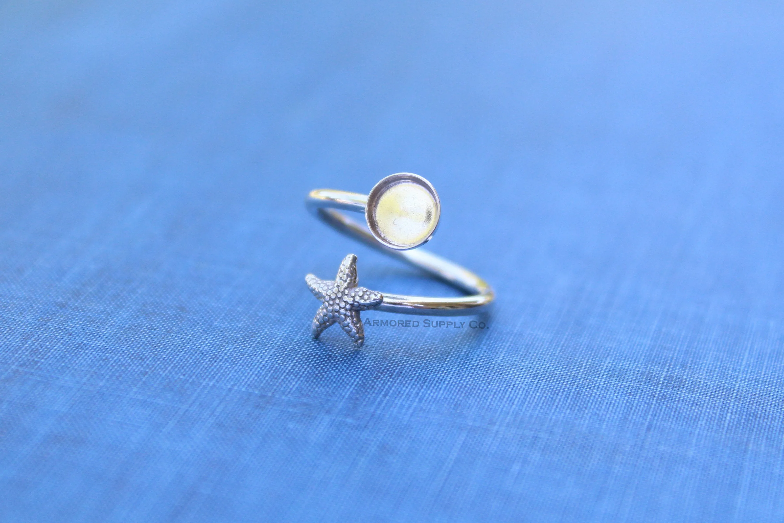 8mm Bezel Silver Starfish Wrap Bypass Adjustable Ring blank