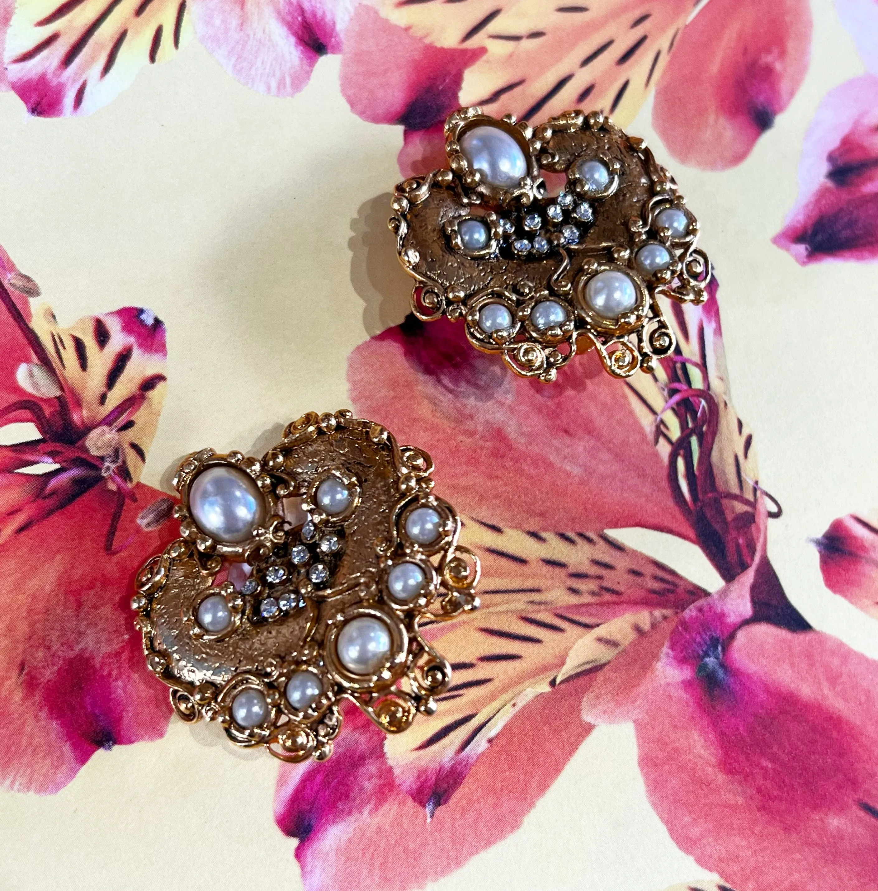 Abbey Road Gold, Pearl and Crystal Statement Clip On Earrings