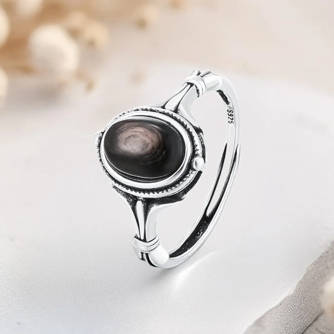 Adjustable Ring "Spiritual Reflection" in Hypersthene & Silver