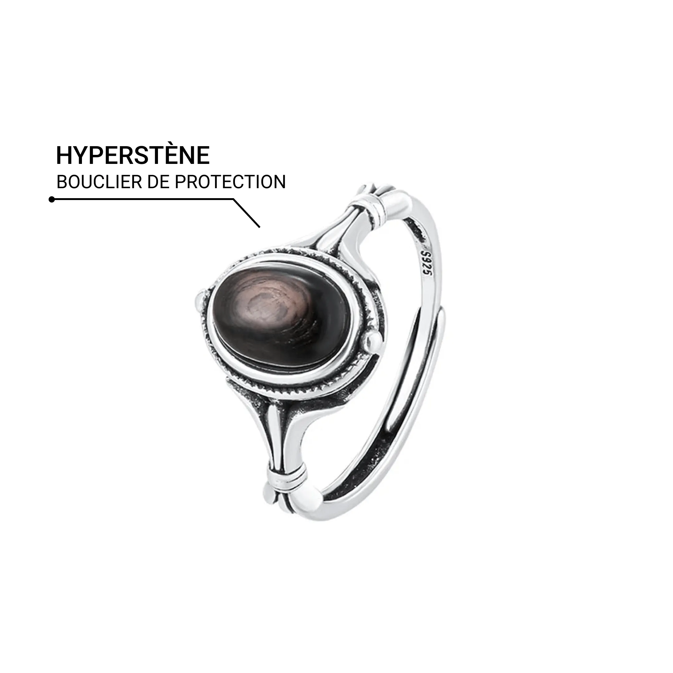 Adjustable Ring "Spiritual Reflection" in Hypersthene & Silver