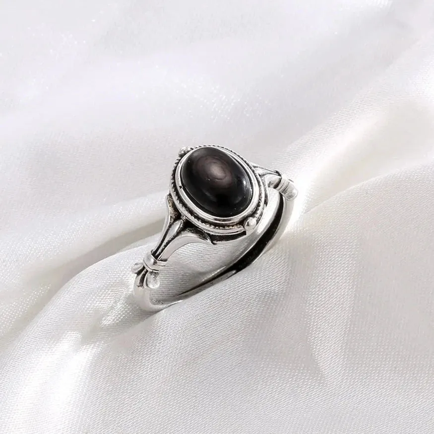 Adjustable Ring "Spiritual Reflection" in Hypersthene & Silver