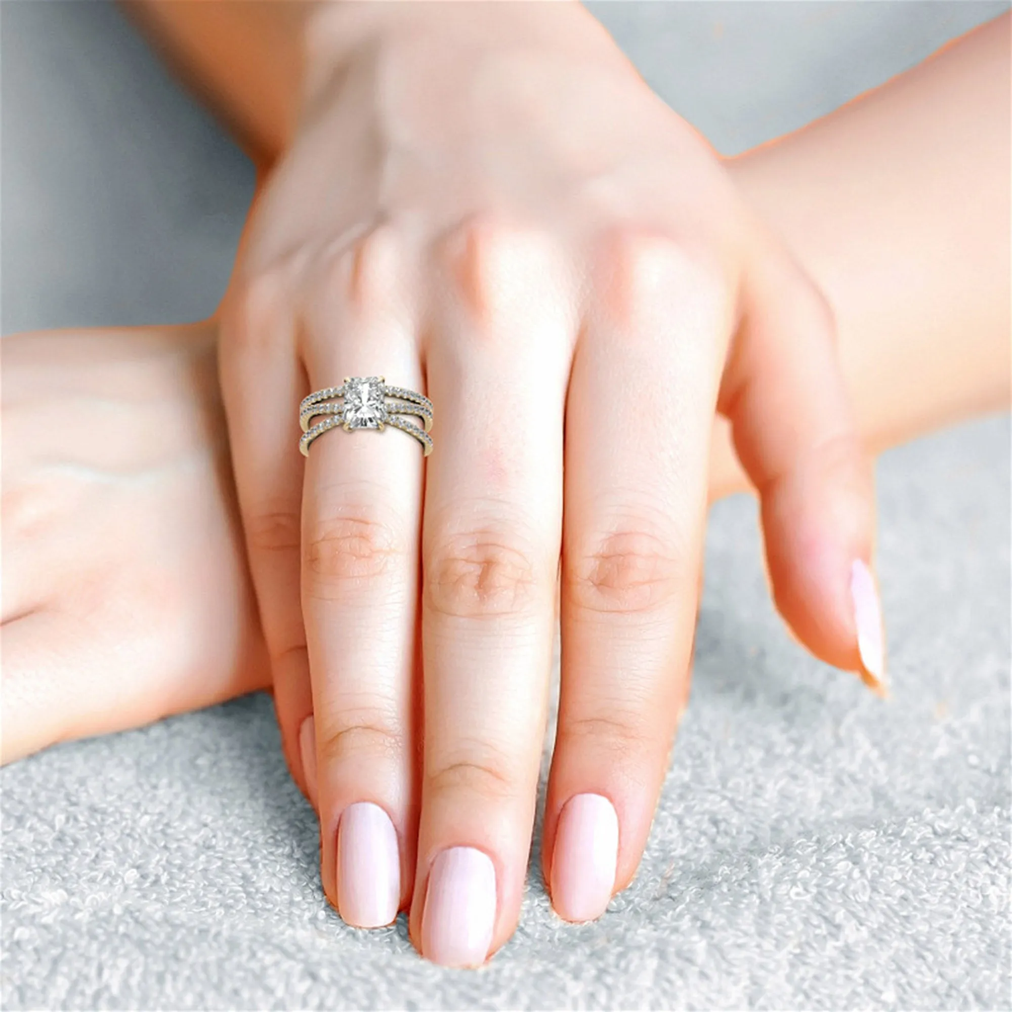 Adjustable Sterling Silver Radiant-Cut Yellow Gold Split Shank Solitaire Ring – Perfect for Engagements