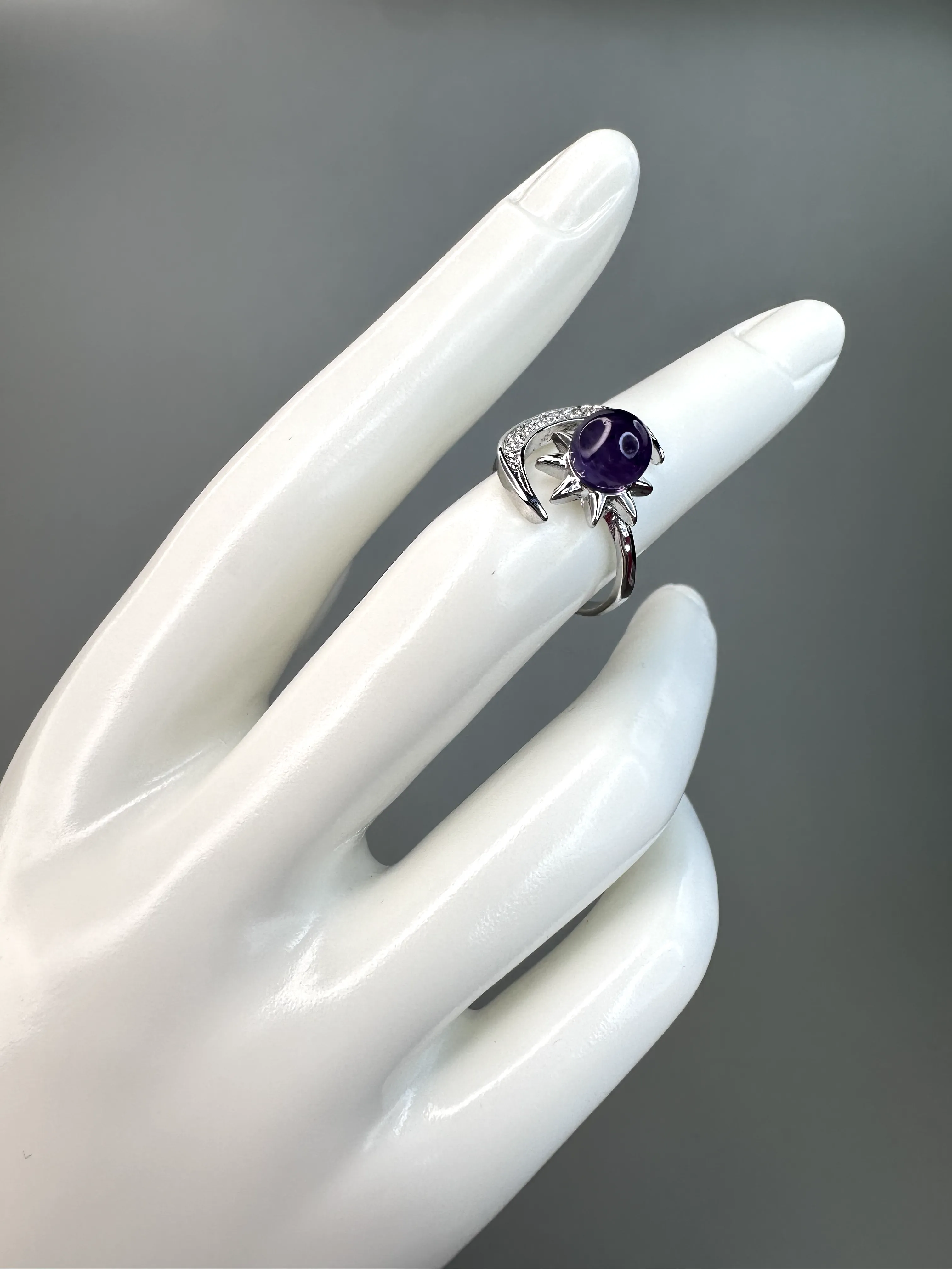 Amethyst Sun and Moon Ring | Adjustable | Silver Plated