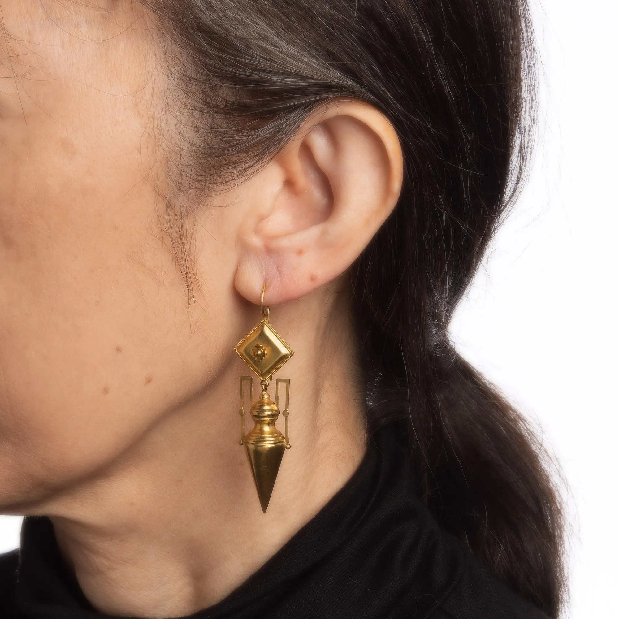 Antique Victorian Amphora Drop Earrings 15k Yellow Gold Archaeological Revival
