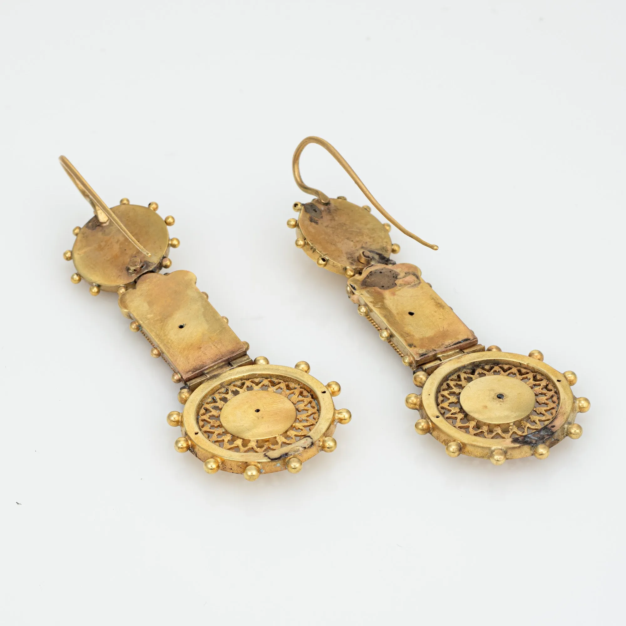 Antique Victorian Etruscan Revival Earrings 14k Gold 2" Drops Pearl Diamond