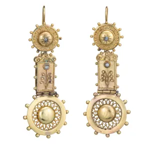 Antique Victorian Etruscan Revival Earrings 14k Gold 2" Drops Pearl Diamond