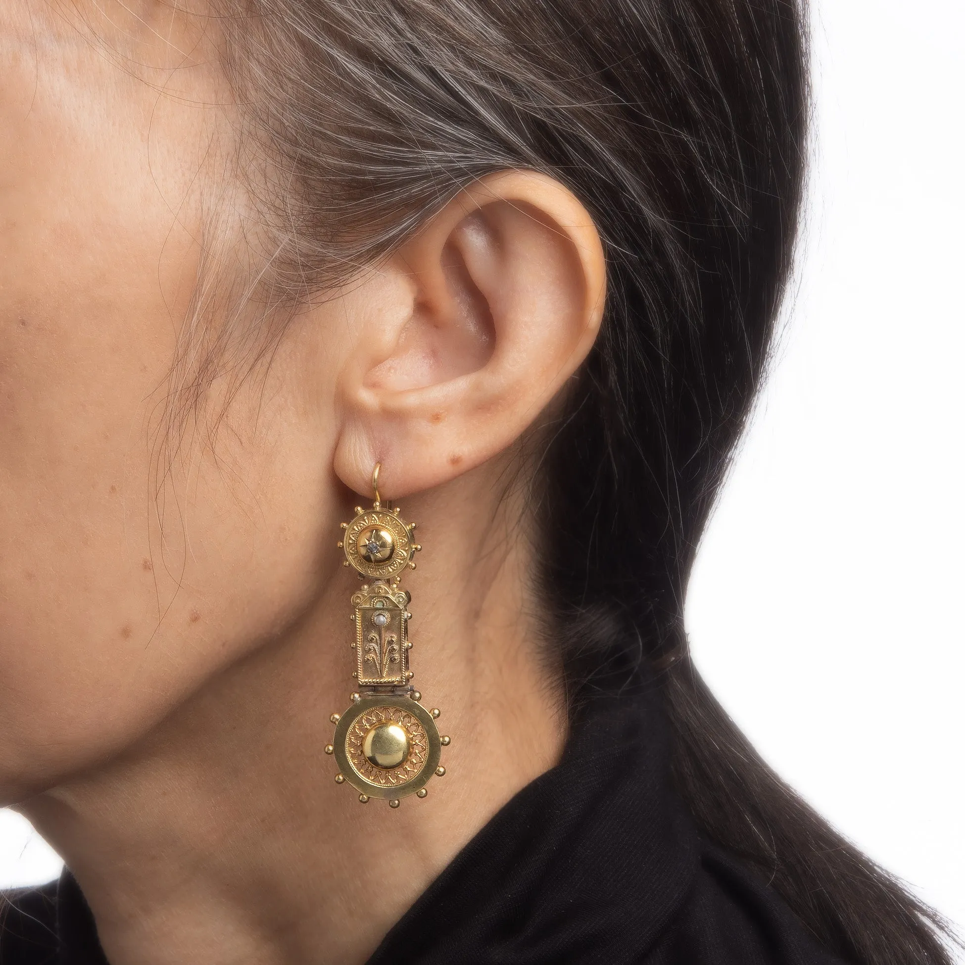 Antique Victorian Etruscan Revival Earrings 14k Gold 2" Drops Pearl Diamond