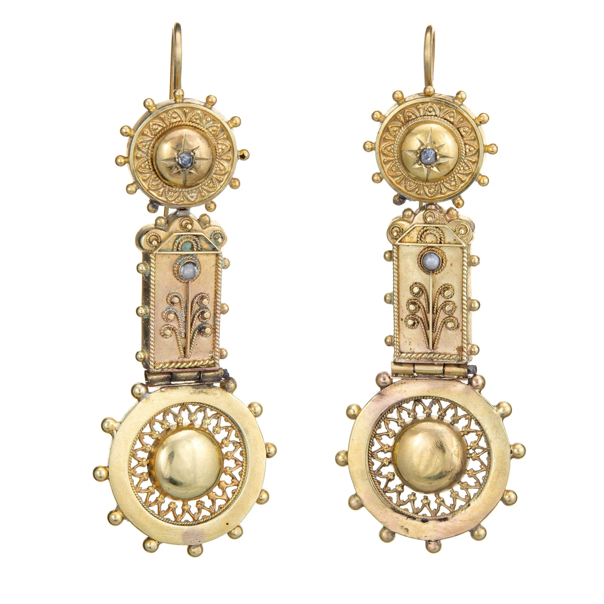 Antique Victorian Etruscan Revival Earrings 14k Gold 2" Drops Pearl Diamond