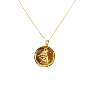 Aquarius Zodiac Medallion Disk 14K Gold Necklace