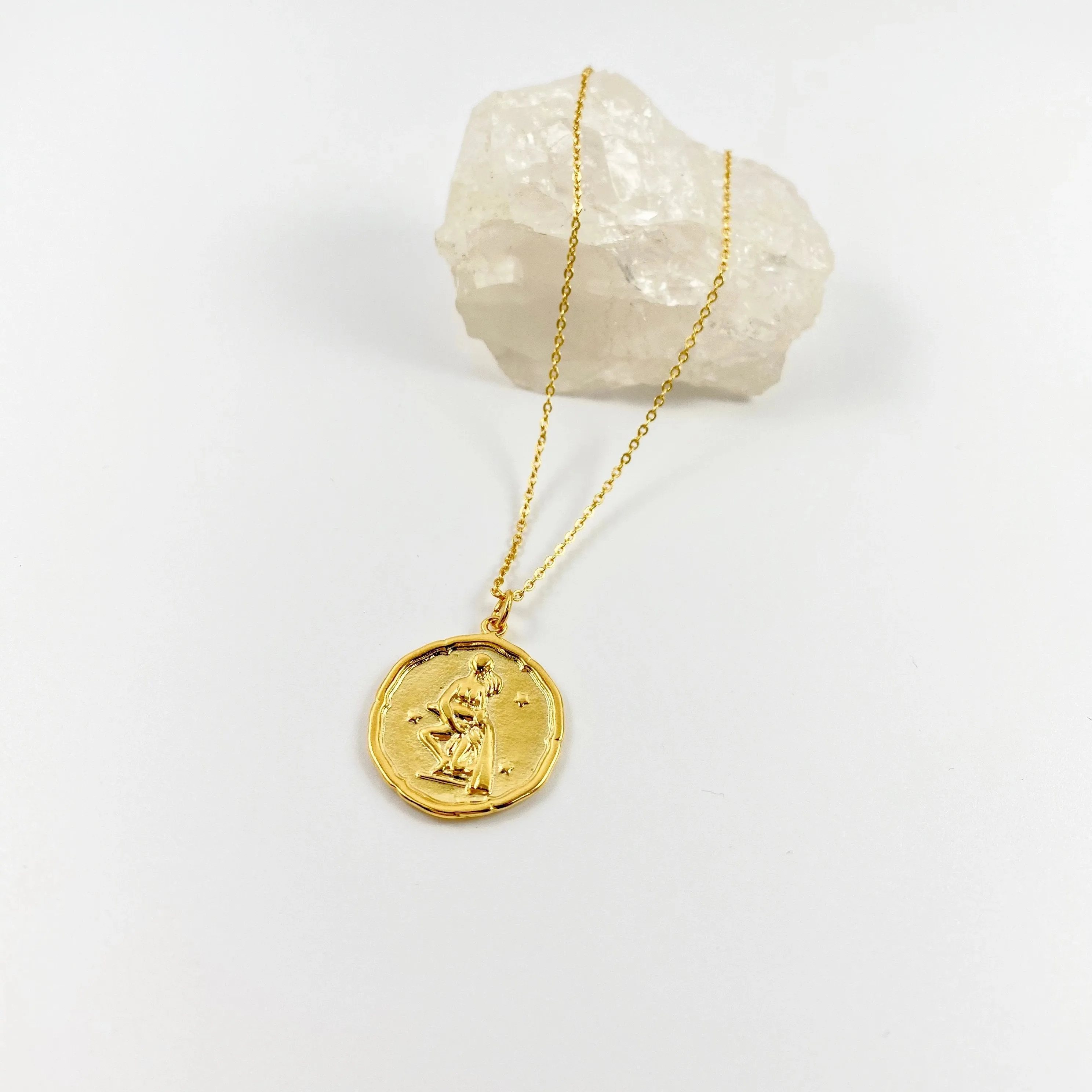 Aquarius Zodiac Medallion Disk 14K Gold Necklace