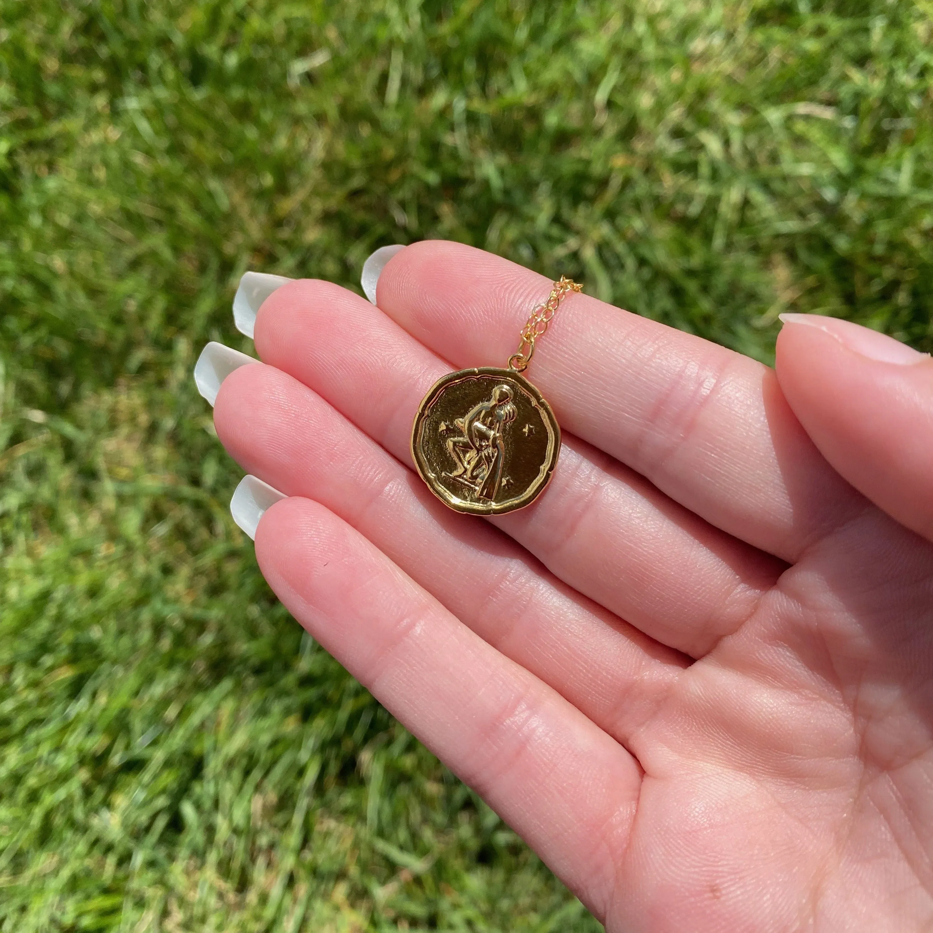 Aquarius Zodiac Medallion Disk 14K Gold Necklace