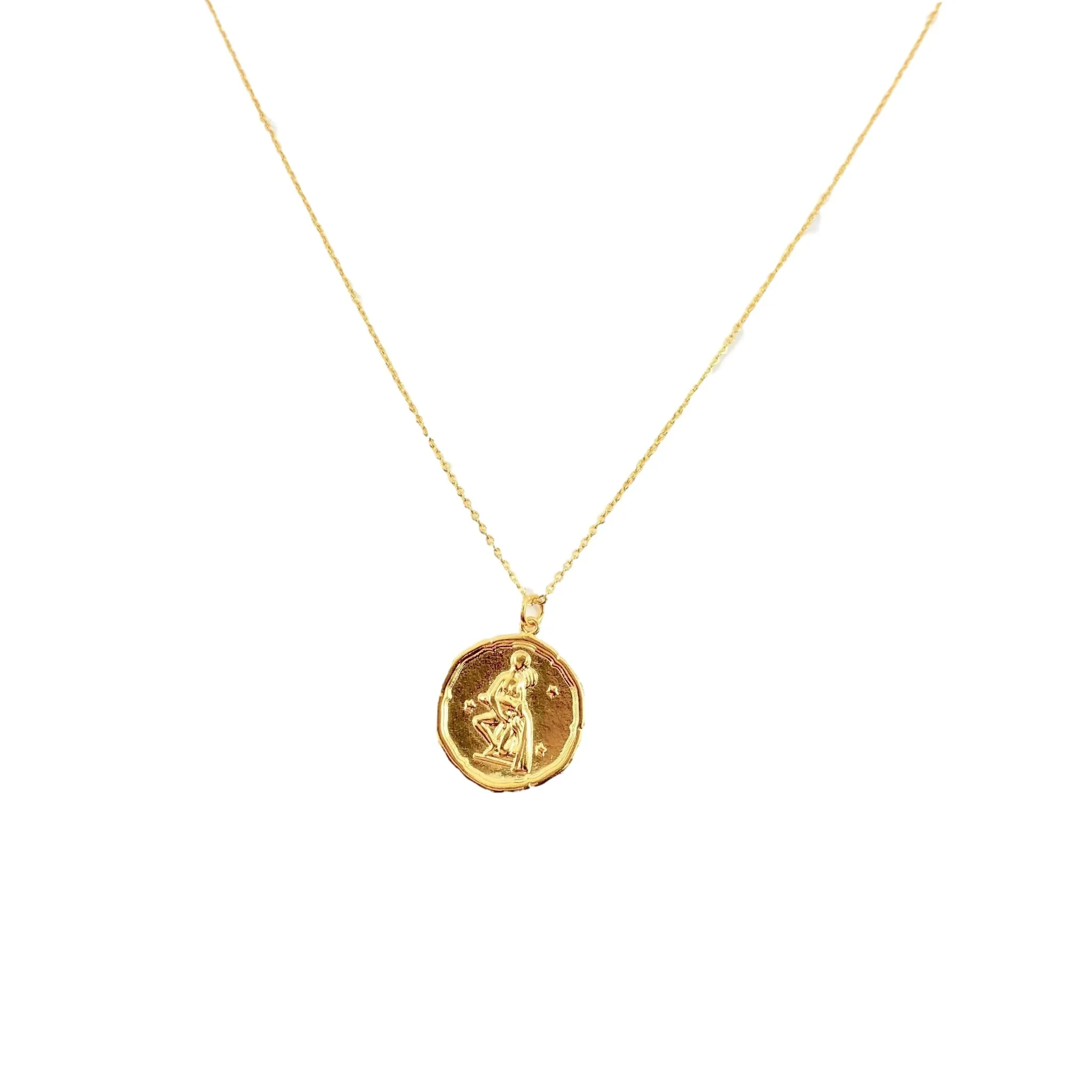 Aquarius Zodiac Medallion Disk 14K Gold Necklace