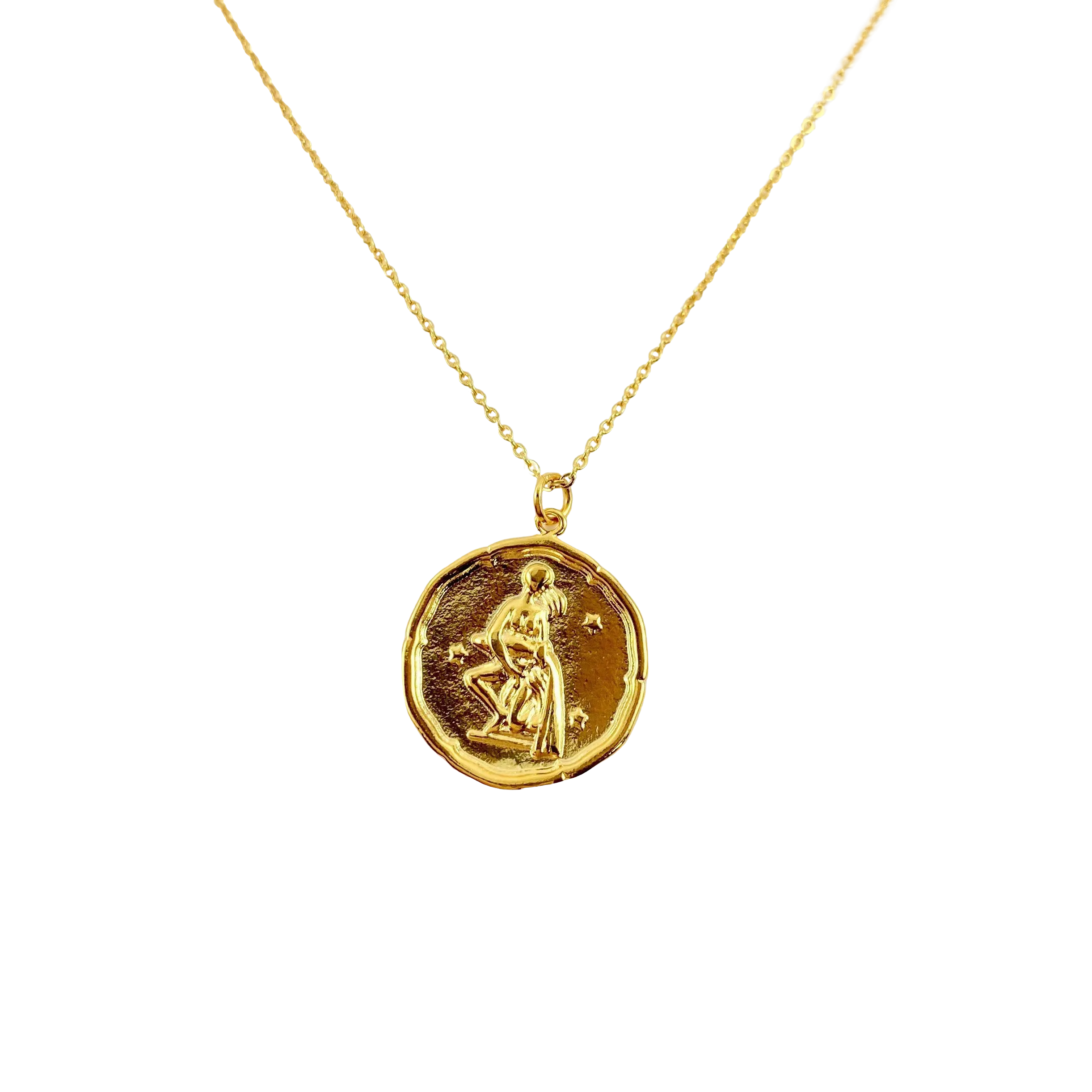 Aquarius Zodiac Medallion Disk 14K Gold Necklace