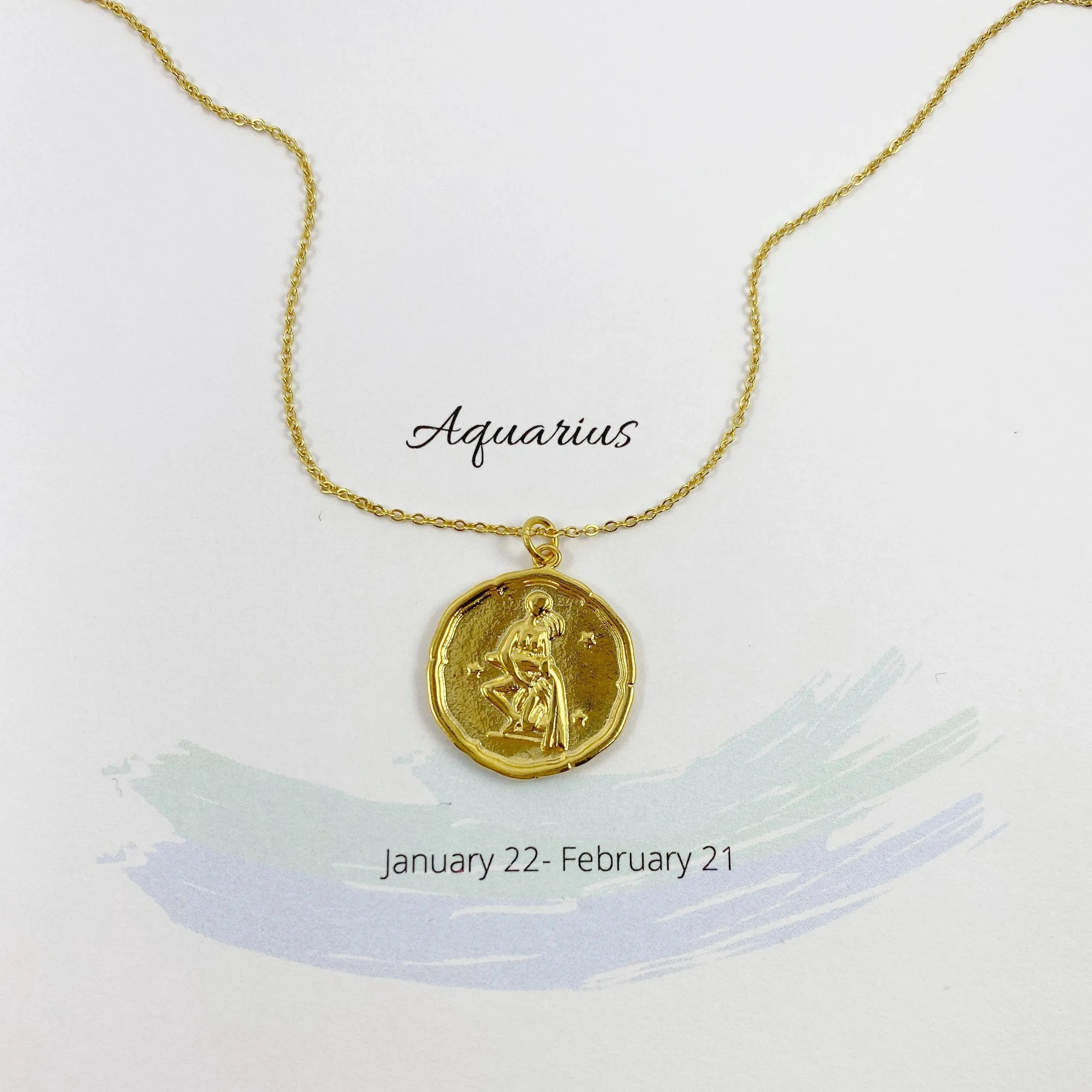 Aquarius Zodiac Medallion Disk 14K Gold Necklace