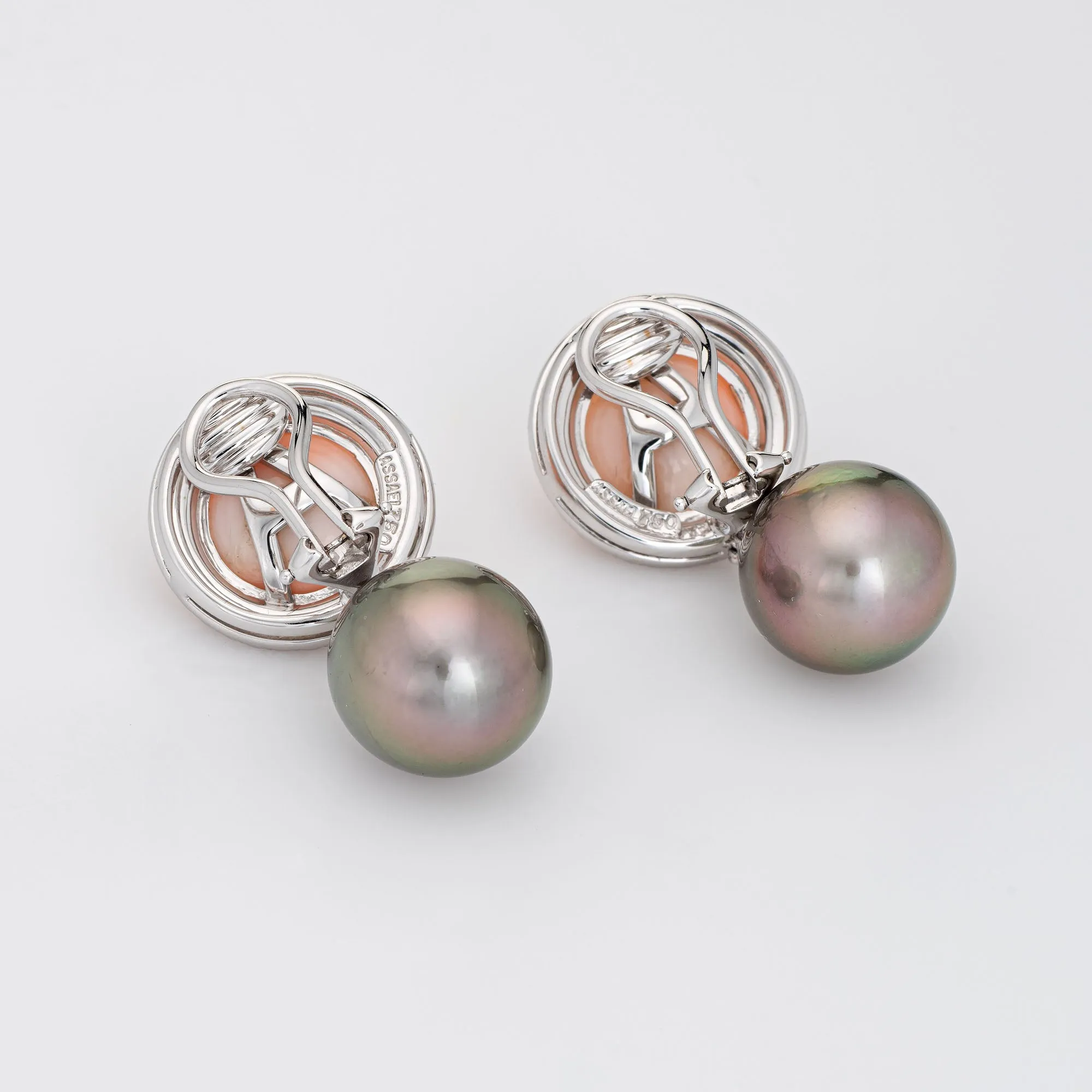 Assael Coral Diamond Earrings Tahitian South Sea Pearls Estate 18k White Gold