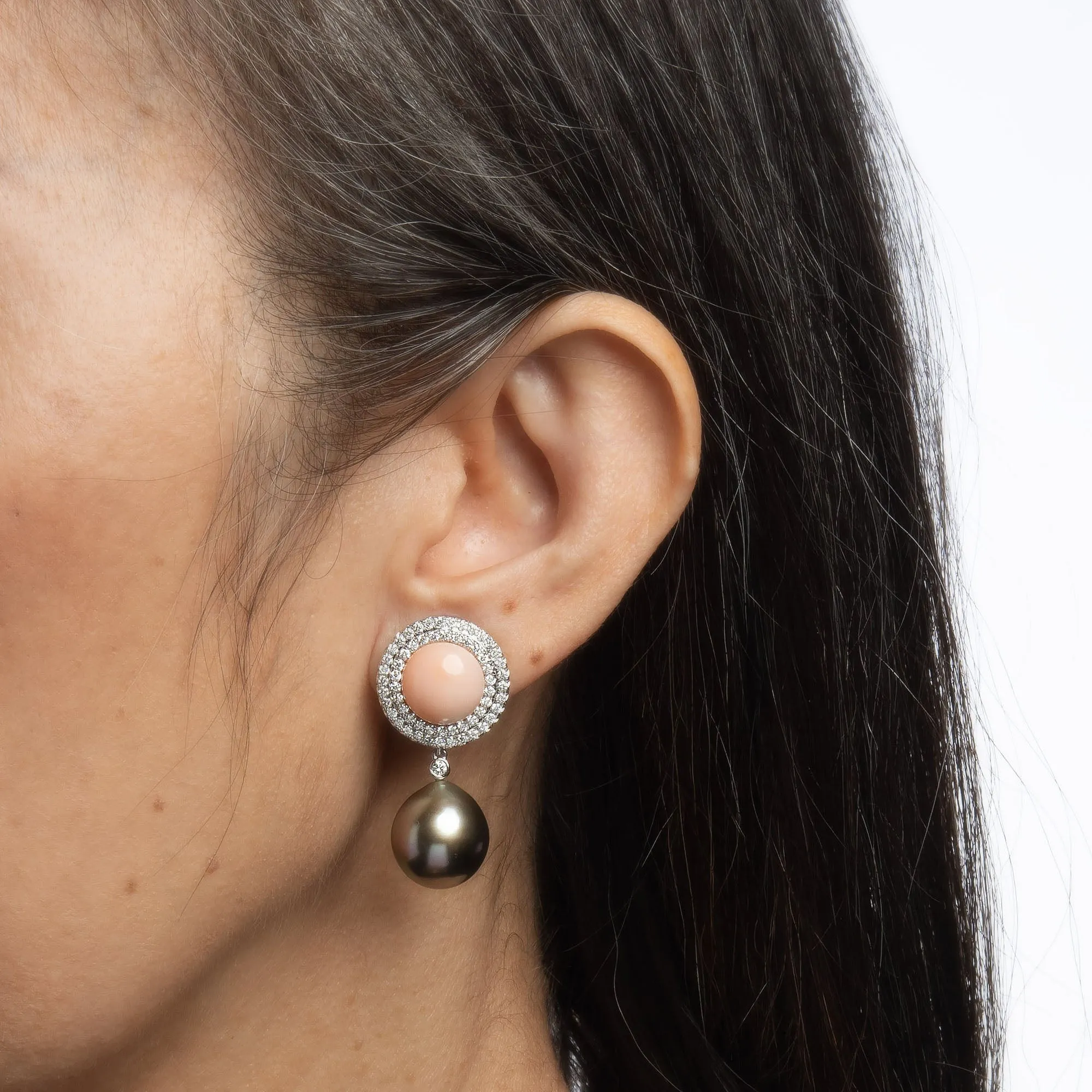 Assael Coral Diamond Earrings Tahitian South Sea Pearls Estate 18k White Gold