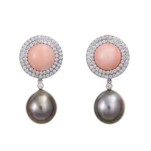 Assael Coral Diamond Earrings Tahitian South Sea Pearls Estate 18k White Gold