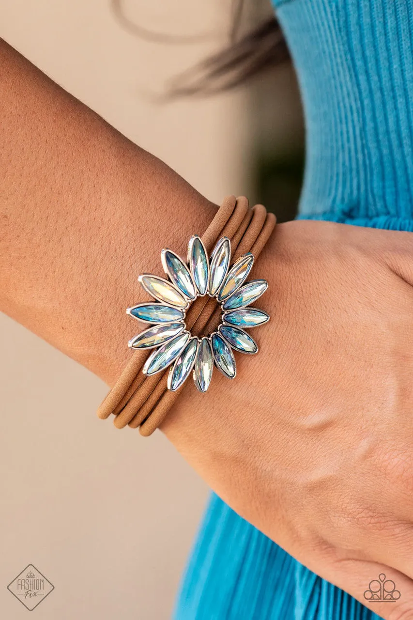 Astral Adventure - Multi - Iridescent Rhinestone Flower Brown Leather Paparazzi Magnetic Bracelet - July 2022 Sunset Sightings Fashion Fix