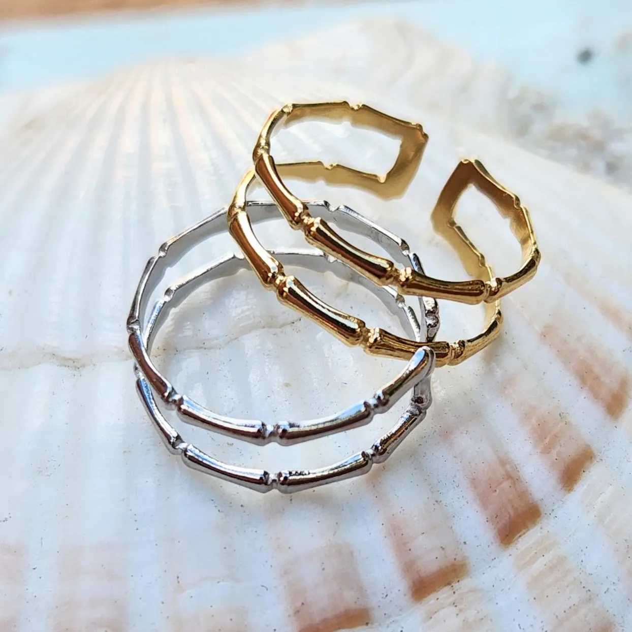 BAMBOO 18K RINGS OR SILVER - ADJUSTABLE WATERPROOF