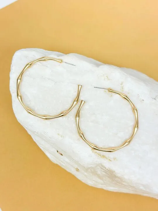 Bamboo Matte Metal Hoop Earrings - Gold