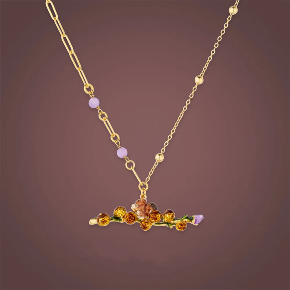 Beautiful Acorn Squirrel Enamel Necklaces Pendants Tree Branch Fashion Jewelry