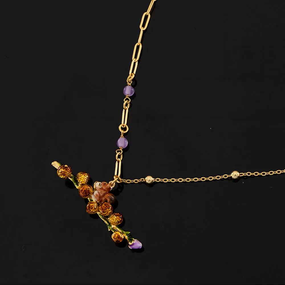 Beautiful Acorn Squirrel Enamel Necklaces Pendants Tree Branch Fashion Jewelry