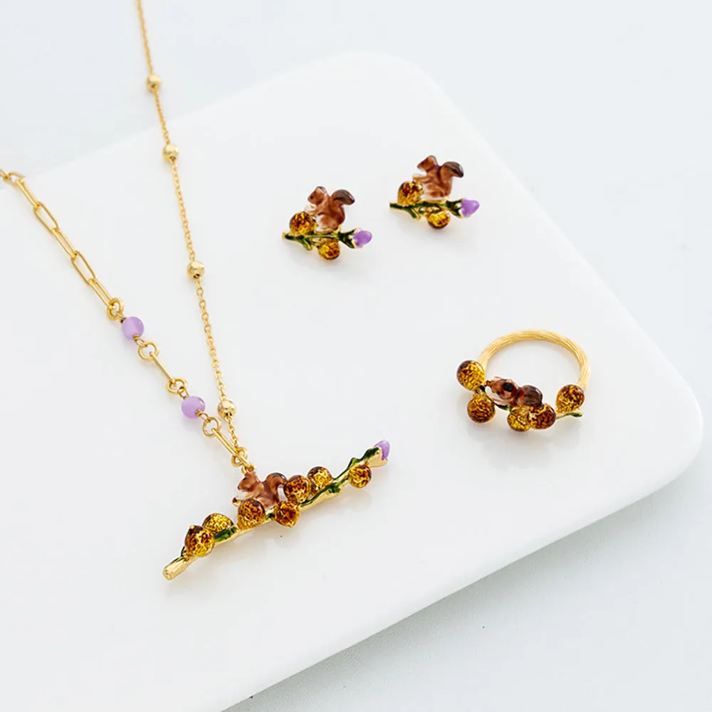 Beautiful Acorn Squirrel Enamel Necklaces Pendants Tree Branch Fashion Jewelry
