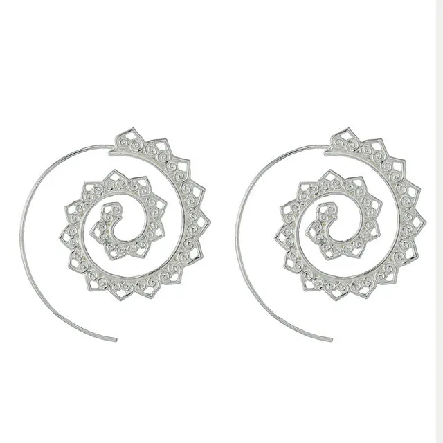 BeautyWay Ethnic Personality Round Spiral Drop Earrings Exaggerated Love Heart Whirlpool Gear Earrings for Women Jewelry 4198