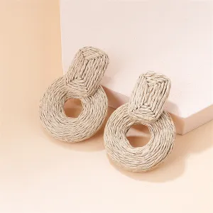 Beige Raffia Geo Drop Earrings