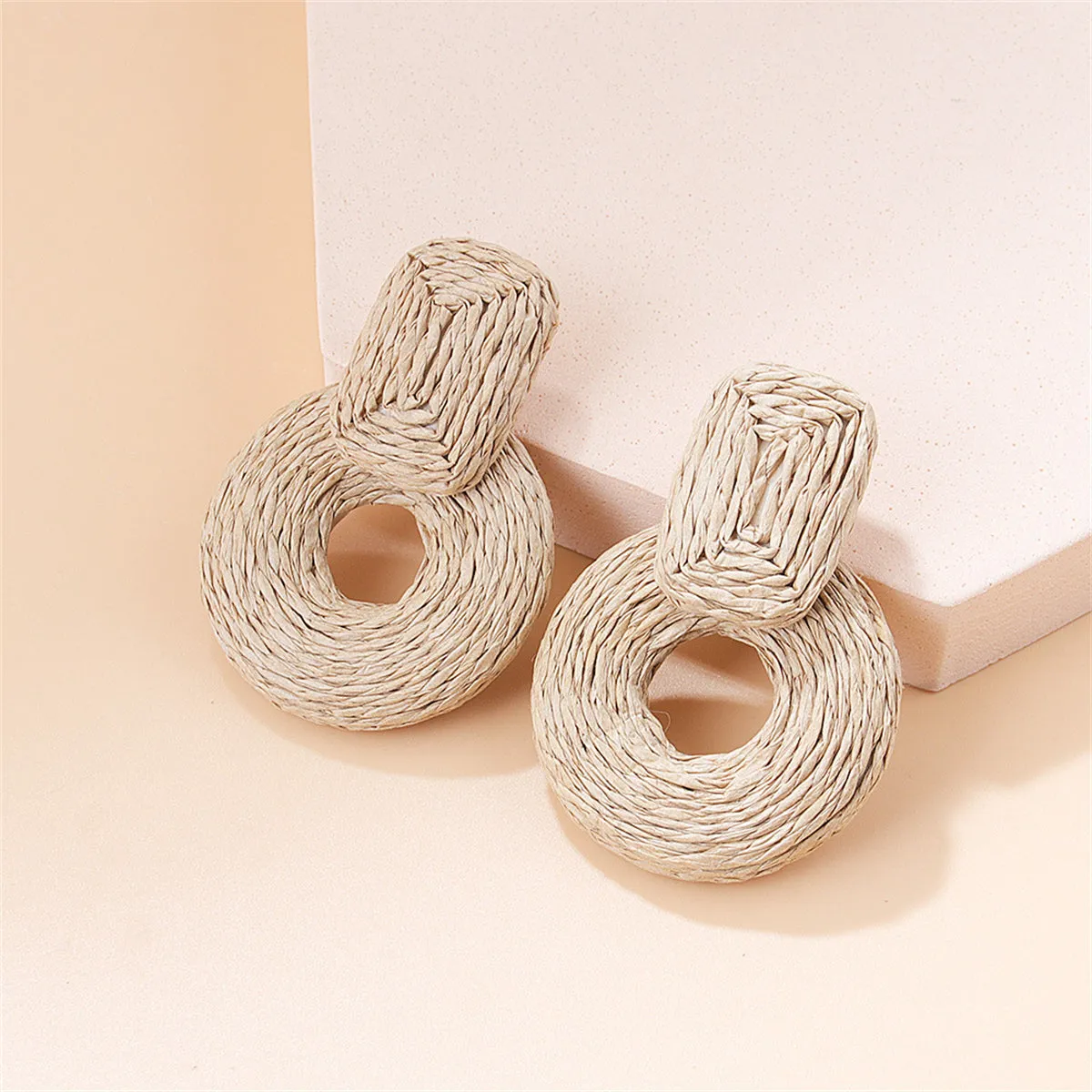 Beige Raffia Geo Drop Earrings