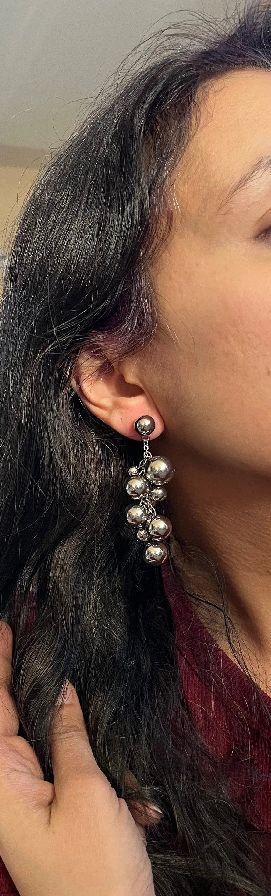 Big Silver earrings ,  silver metal dangle balls earrings , beaded silver bold earring , boho earrings , chunky silver earrings pierced