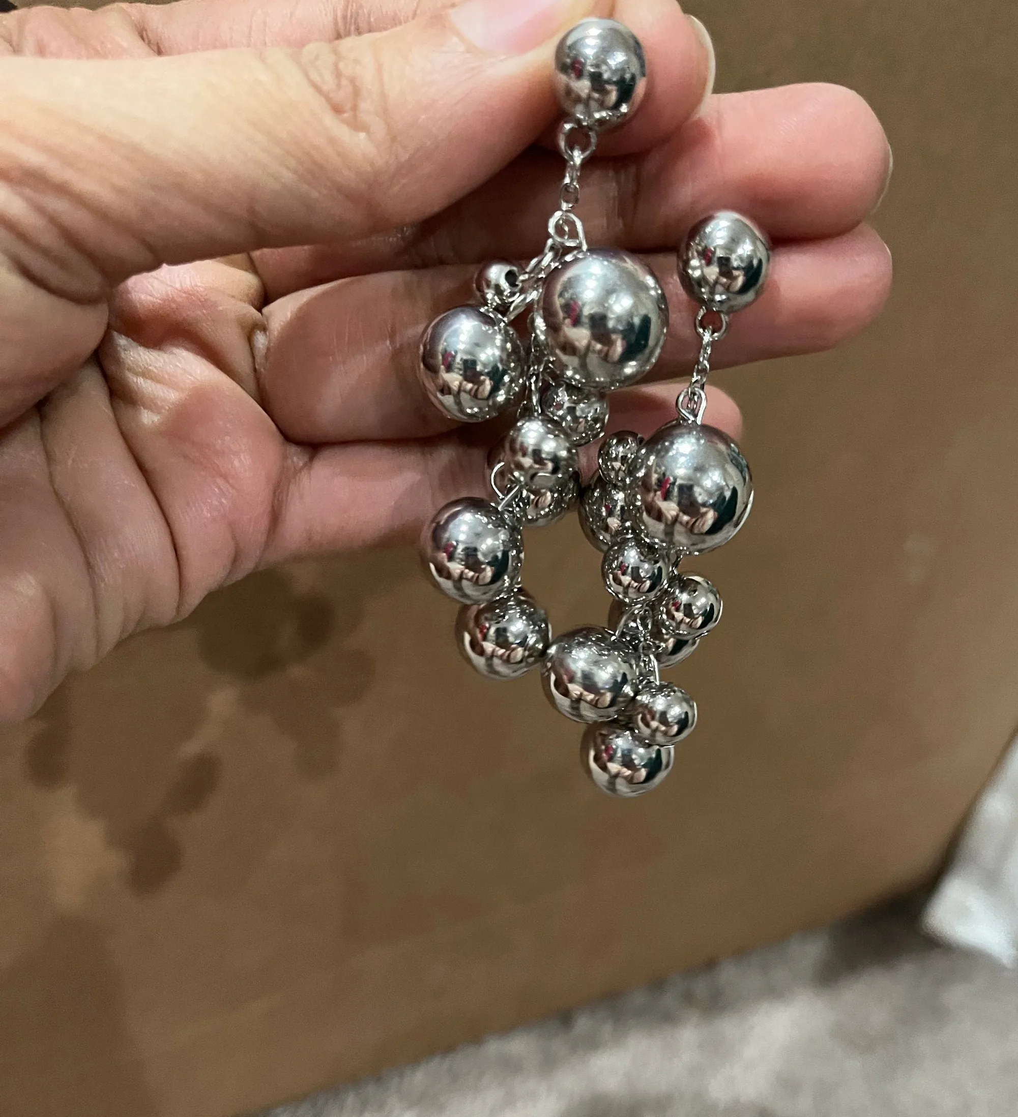Big Silver earrings ,  silver metal dangle balls earrings , beaded silver bold earring , boho earrings , chunky silver earrings pierced
