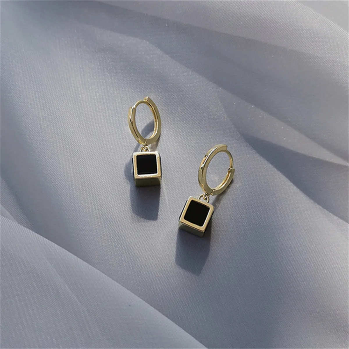 Black Acrylic & 18K Gold-Plated Cube Huggie Earrings