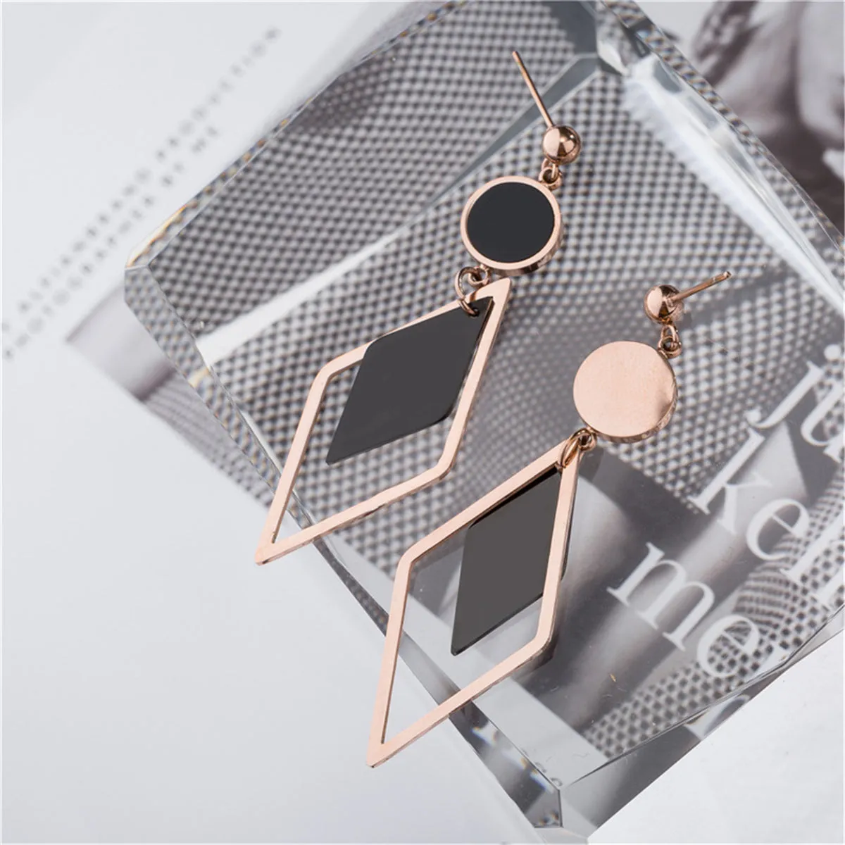 Black Acrylic & 18K Rose Gold-Plated Stacked Rhombus Drop Earrings