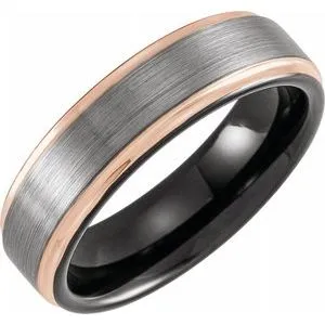 Black & 18K Rose Gold PVD Tungsten 6 mm Grooved Band Size 12.5 with Satin Finish