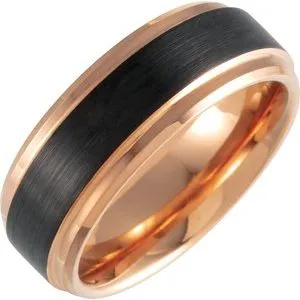 Black & 18K Rose Gold PVD Tungsten 8 mm Beveled-Edge Band Size 9.5 with Satin Finish