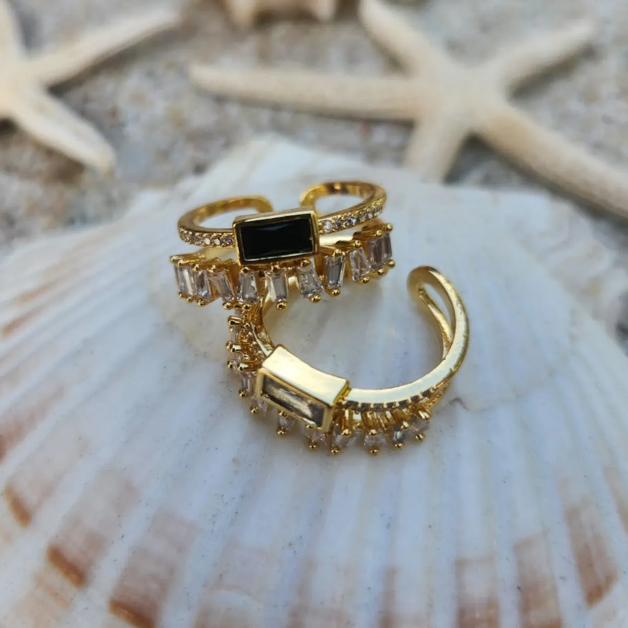 BLACK & WHITE  - ADJUSTABLE BLACK OR CRYSTAL WATERPROOF GOLD RINGS