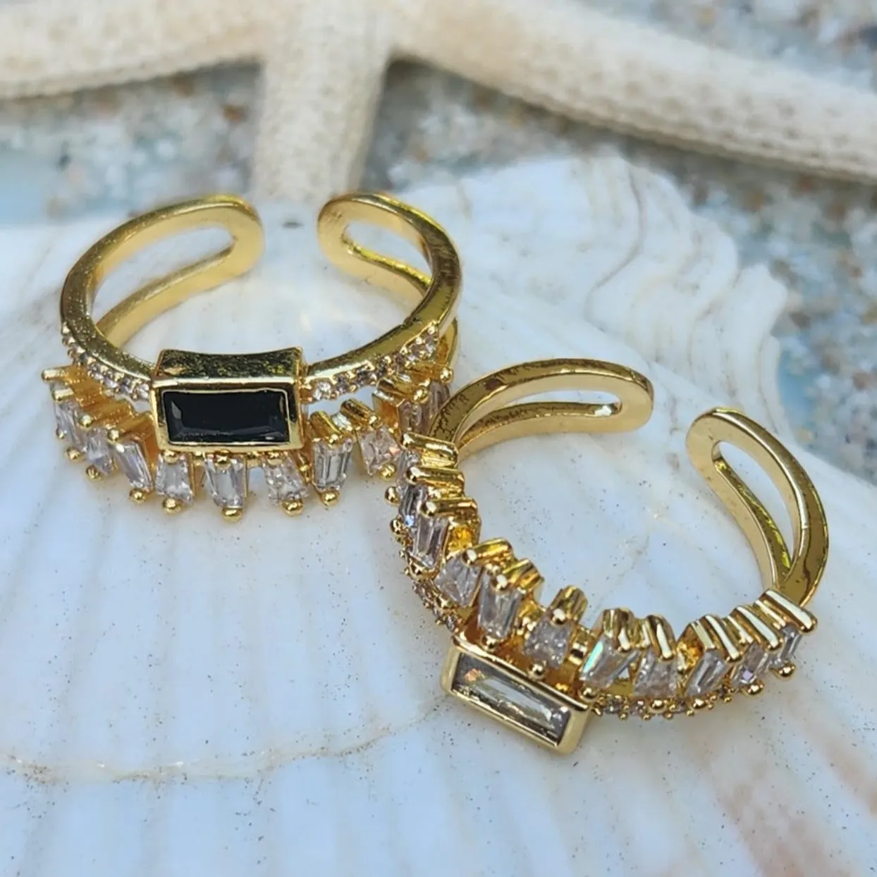 BLACK & WHITE  - ADJUSTABLE BLACK OR CRYSTAL WATERPROOF GOLD RINGS