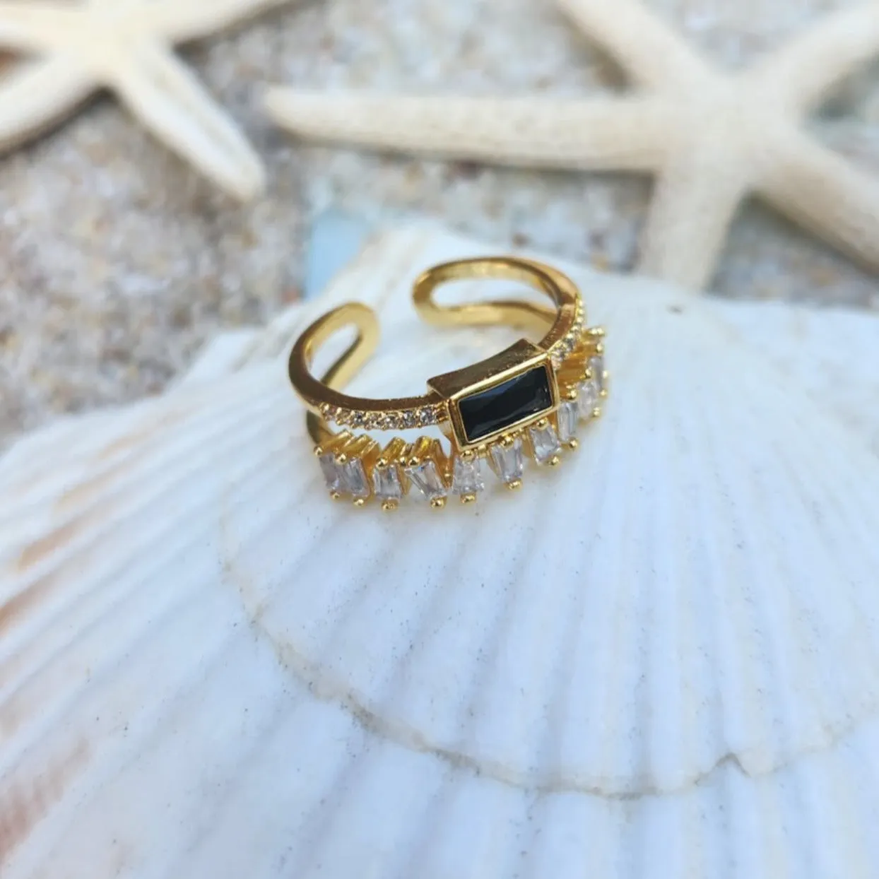BLACK & WHITE  - ADJUSTABLE BLACK OR CRYSTAL WATERPROOF GOLD RINGS